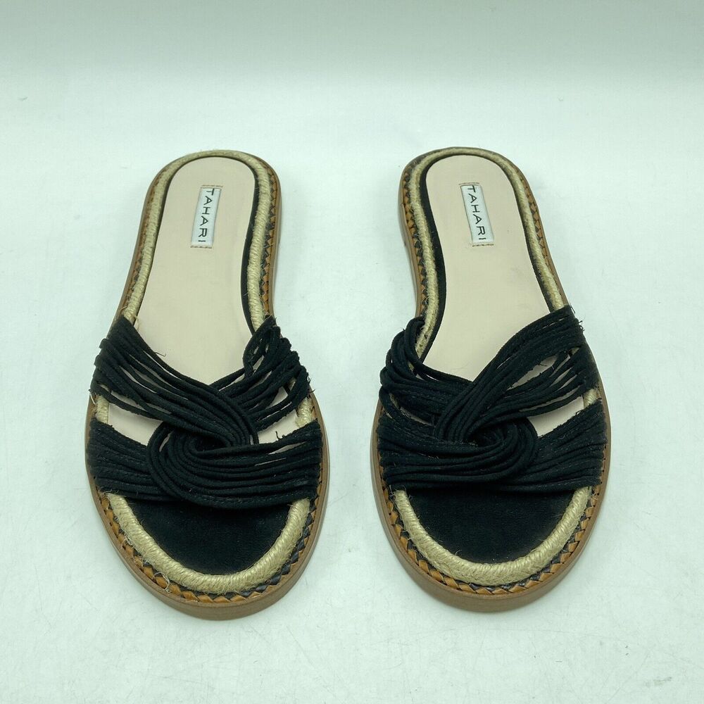 Tahari Women's 9 Cailyn Espadrille Sandal Black Slides Boho Beach